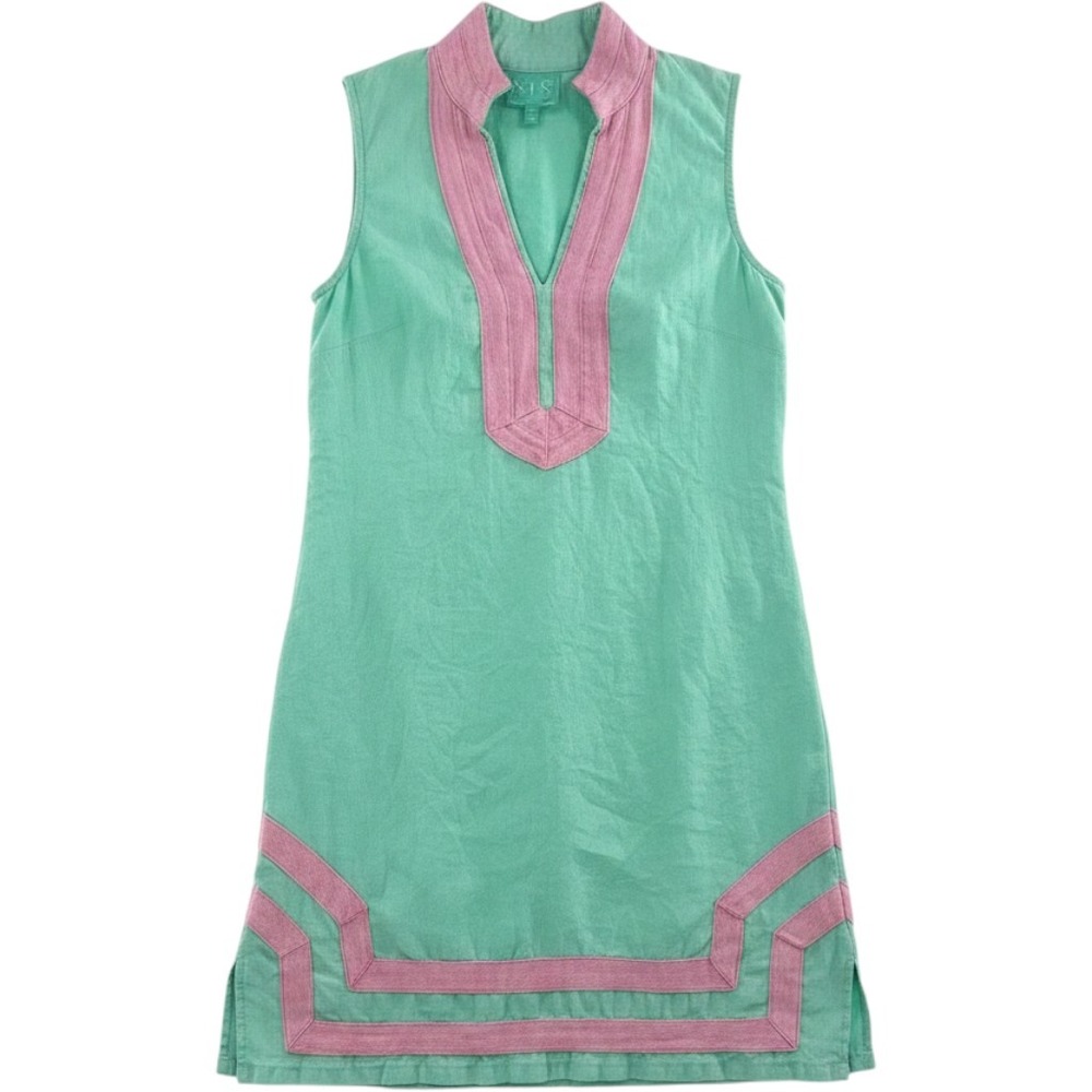 Sail to Sable 100% Linen Sleeveless Shift Dress Women Size XS Green Preppy Chic